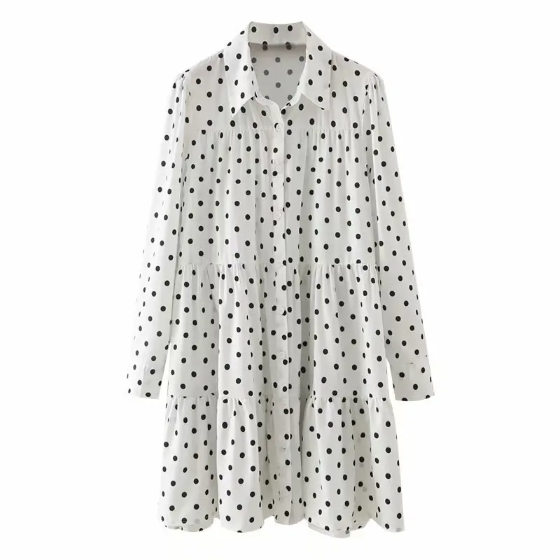 

QZ206 Women Sweet dot Turn-down Collar Long Sleeve Shirt Dress Ladies Dresses Clothing