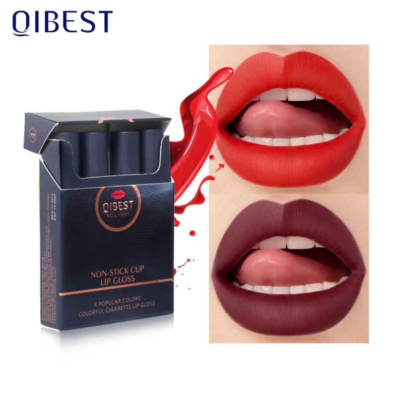 

QIBEST 4pcs/set Matte Lipstick Set Durable Moisture Waterproof Lasting Sexy Red Cigarette Lip Gloss set Fashion Makeup Gift