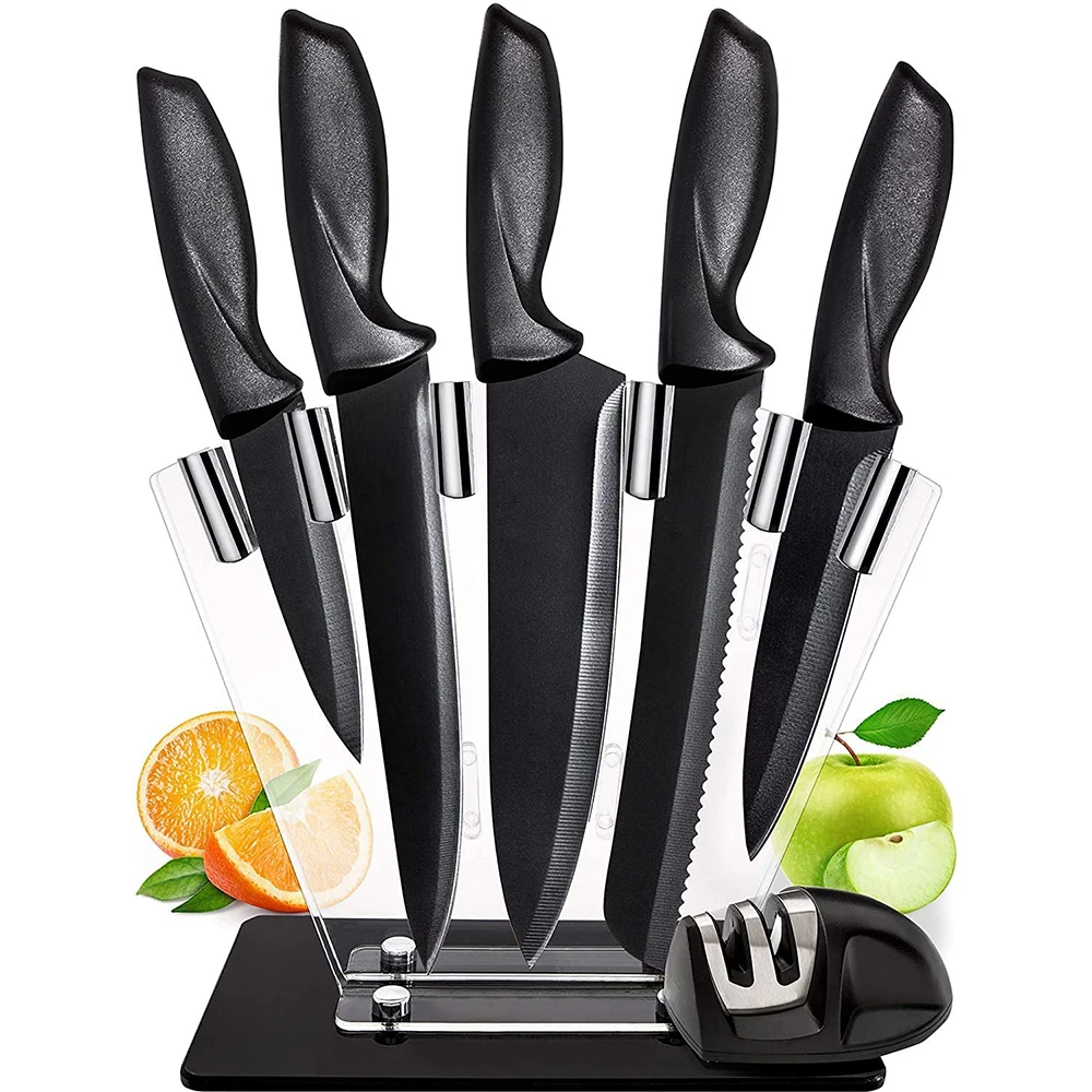

Amazon 6 pcs Stainless Steel non-stick Knife Set with sharpener chef Kitchen Knives Set with Stand