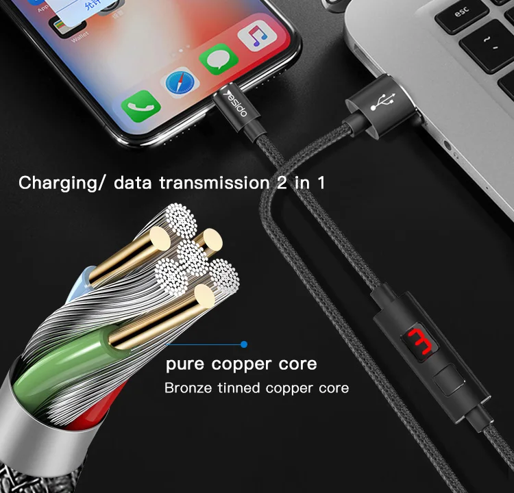 Yesido Wholesale Data Cable Line Nylon Braided Intelligent Timing Cut Off Usb Charging Cable For Iphone
