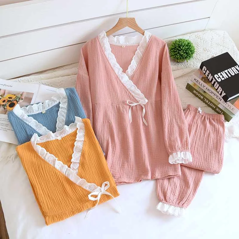 

2021 Japanese new style spring and summer thin homewear, pure cotton sleepwear for pregnant women, postpartum nursing home servi, Required