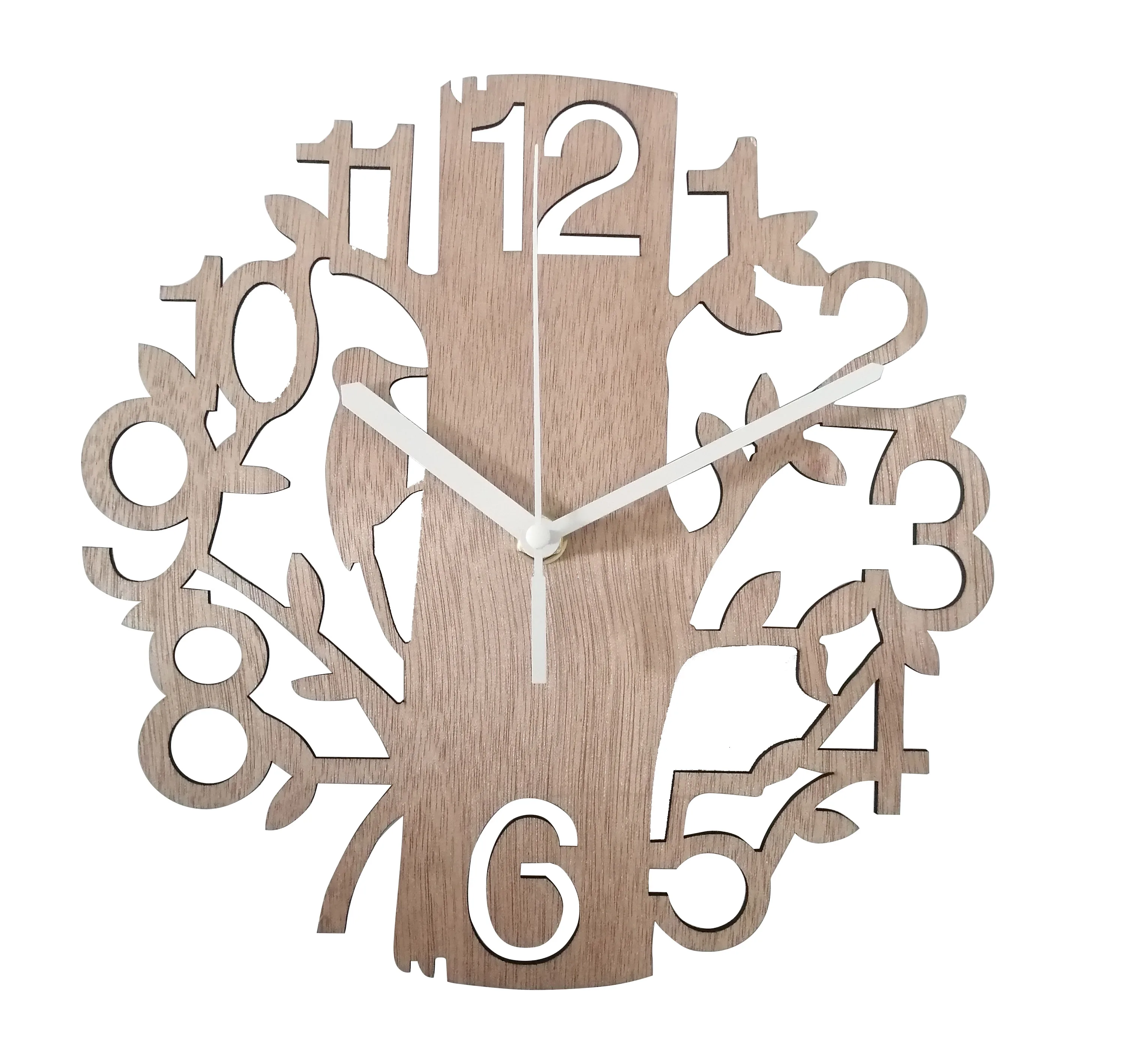 Wooden Clock Bird Tree Pattern Wall Clock Round Simplicity Hanging Clock for Hom 