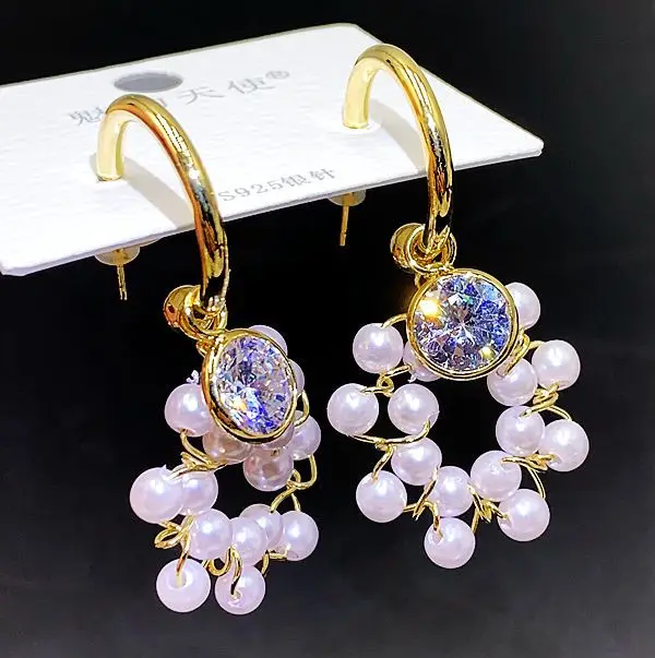 

PUSHI jewelry Silver needle zircon drop earrings 2021new designs pearl earrings in Copper Alloy Jewelry tassel earrings women
