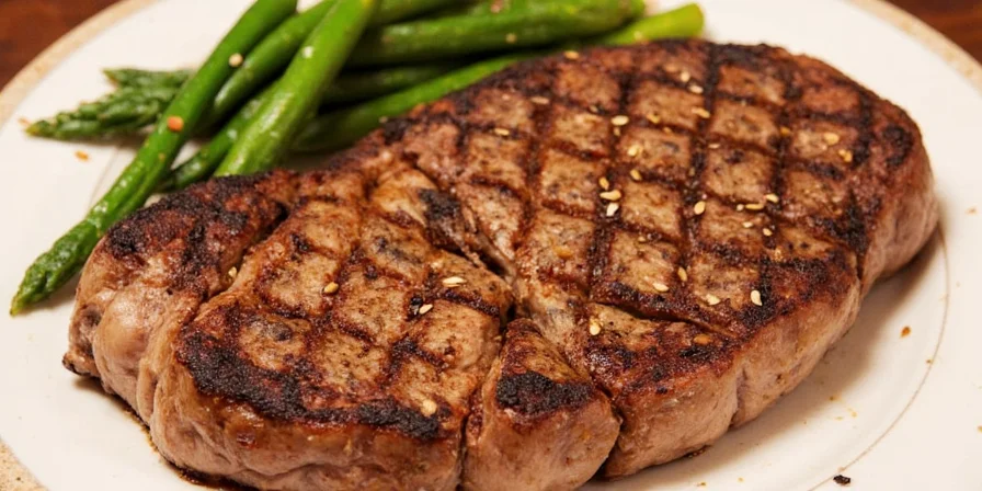 Finished sesame-crusted steak served on a wooden board