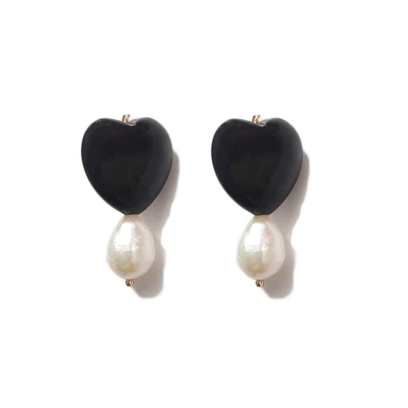 Vintage Charm Black Heart Freshwater Pearl Pendant Earring For Women European American Style Jewelry Valentine's Day present