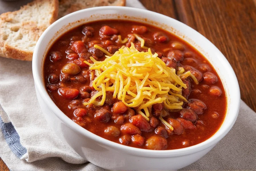 Bottle of molasses next to a bowl of chili