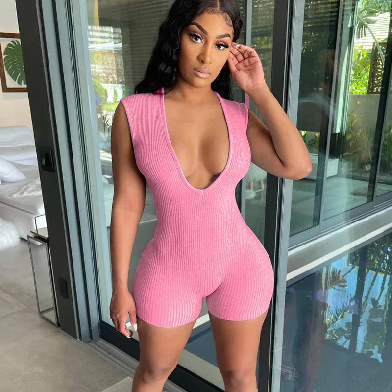 

L3388 - women fashion casual sleeveless knit v-neck vest rompers