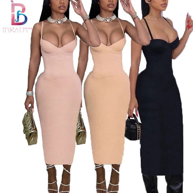 

Ibeauty 2022 New Style Spring Women Elegant Casual Dresses Sexy Push Up Dress Summer Solid Color Sleeveless Bodycon Long Dress, Pink/khaki/black/nude