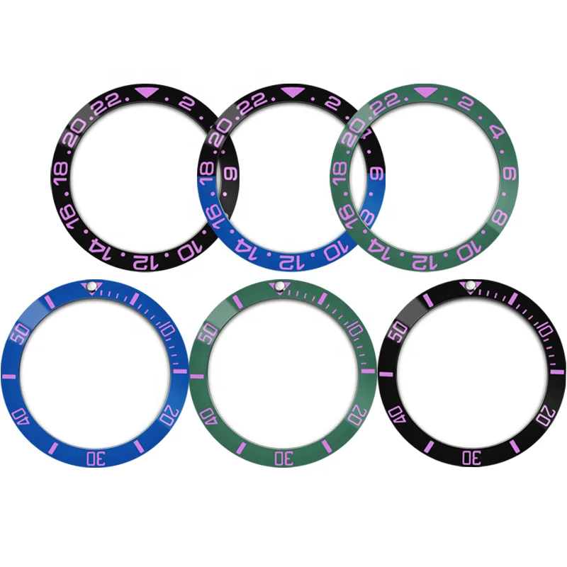 

38mm Black Green Blue Sloping ceramics bezel Insert with purple numbers substitute celebrities Watch Accessories