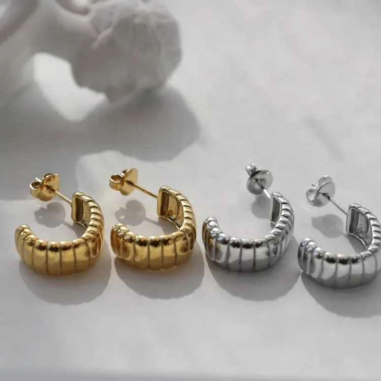

Minimalist Trendy Stainless Steel Hypoallergenic 18K Gold Plated Croissant Hoops Earrings for Women, Gold, rose gold, steel, black etc.