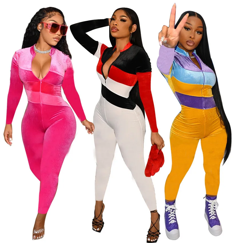 

2021 New Arrival Bodycon Jumpsuits Zipper Rompers Long Sleeve One Piece Velvet Jumpsuit For Women