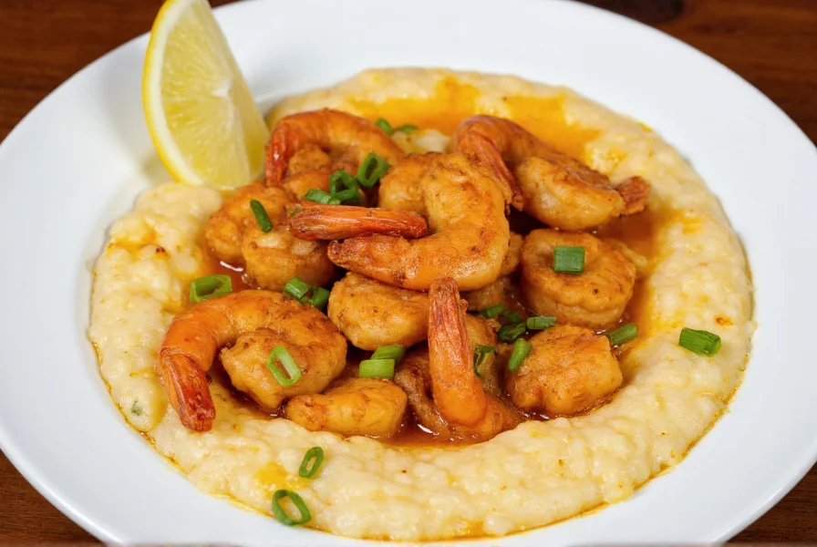 Cajun seasoned shrimp and grits dish with lemon wedge and green onions on white plate