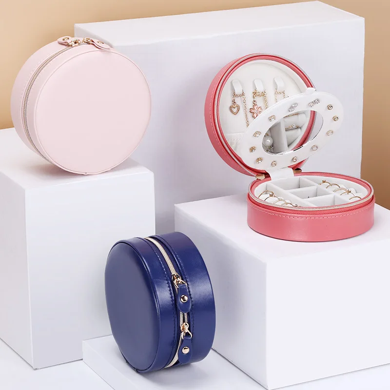 

New custom logo printed portable travel pu pink zipper earrings necklace ring set organizer storage round jewelry box, Customized