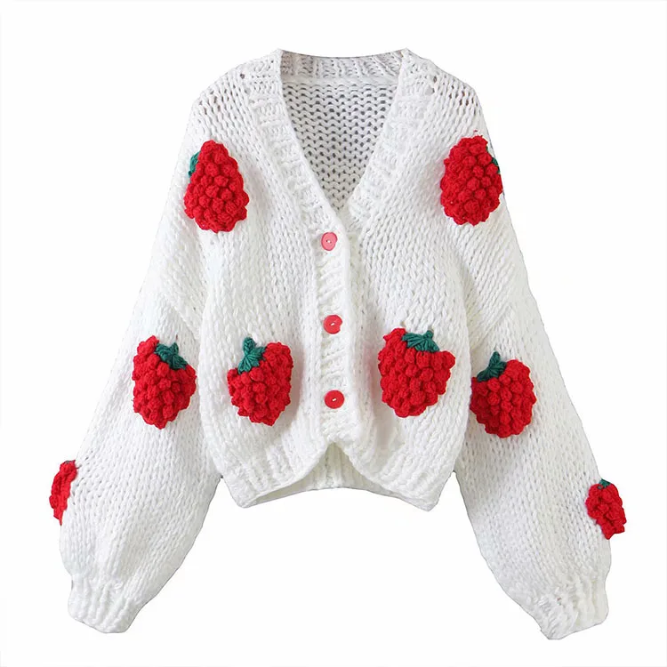 

BMURHMZA2021 autumn and winter new women's white background color strawberry three dimensional women's sweater, Picture