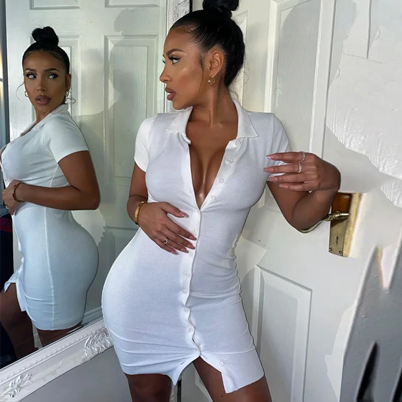 

RS287 Ribbed Button Bodycon Mini Dress Women Short Sleeve Solid Fashion Skinny Clubwear 2020 Summer Dresses Casual Slim Basic