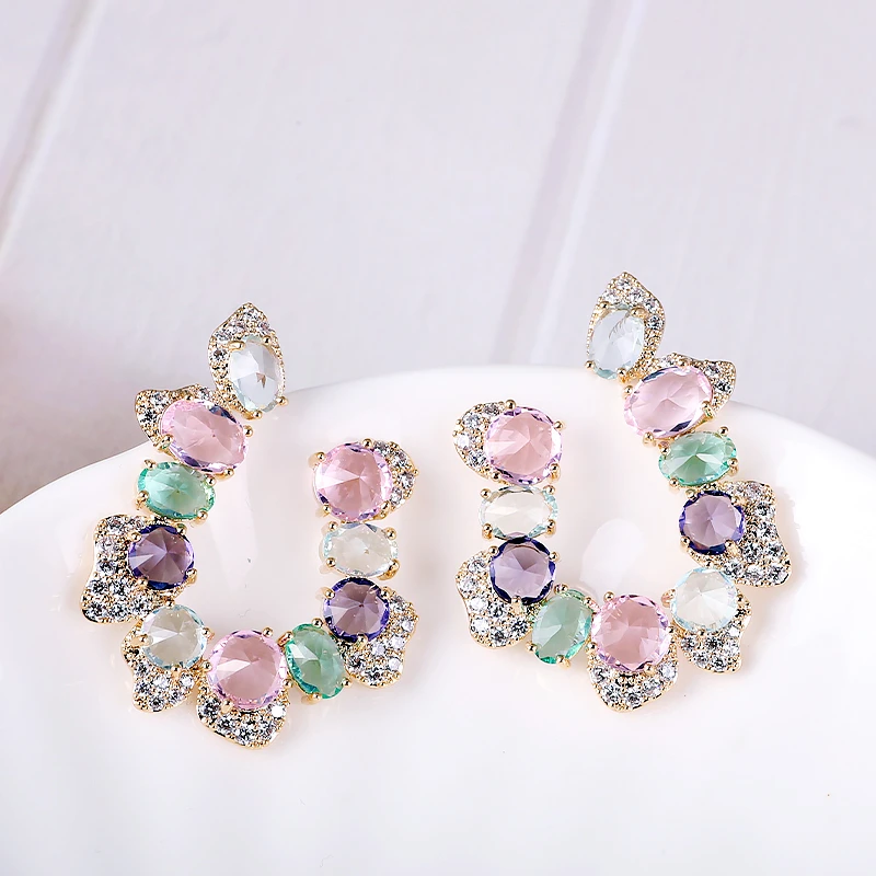 

XIUMEIYIZU Luxury Large Irregular Zircon Stone Earrings Handmade Inlay Fashion Wedding Women Earrings Party Jewelry Gold Plating, Multicolor