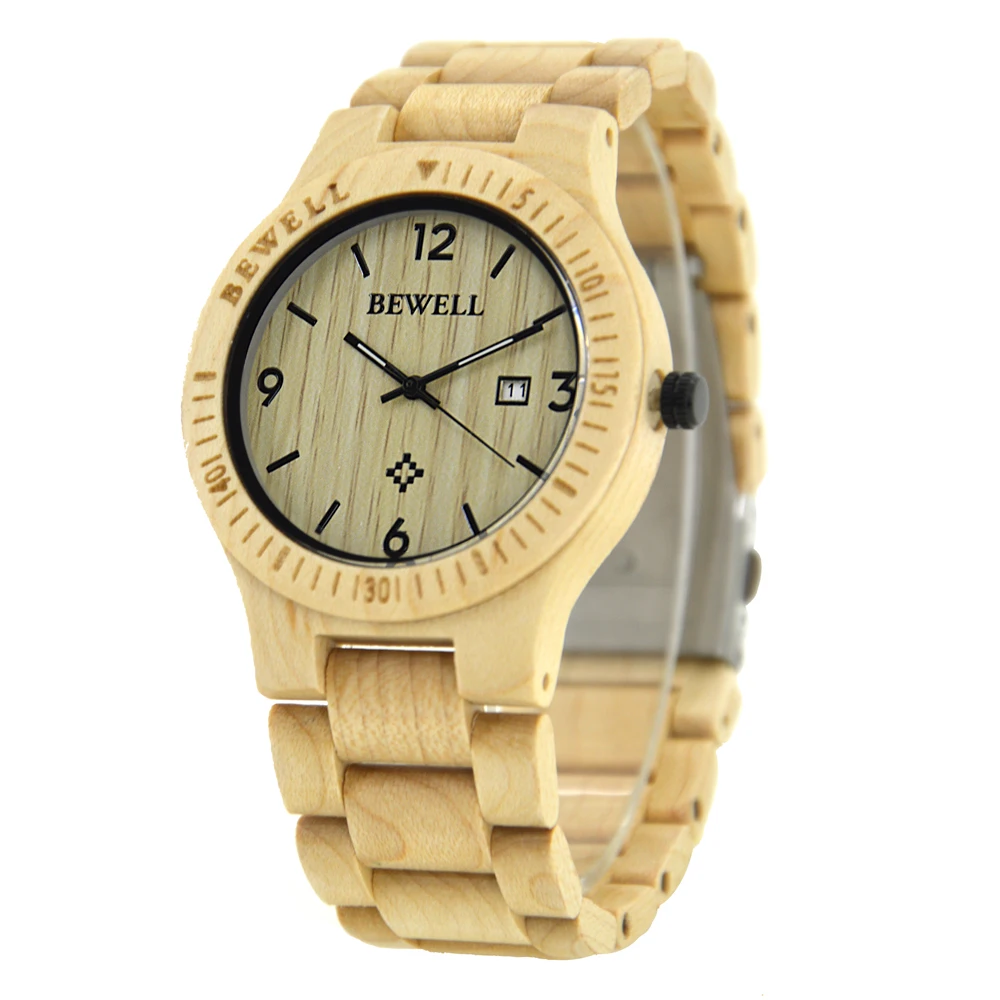

Hot Sale Product Bewell Natural Wood Watch Wristwatches Men Fashion Hand Watch with Custom Logo, Maple wood, zebra, red sandalwood etc