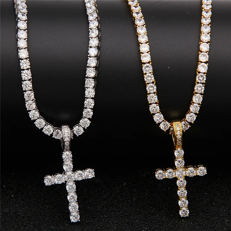 

Fashion Glitter Sexy Party Diamond AAA Zircon CZ Stone Tennis Girl Gold Cross Pendant Necklace Chain for Women, Silver gold