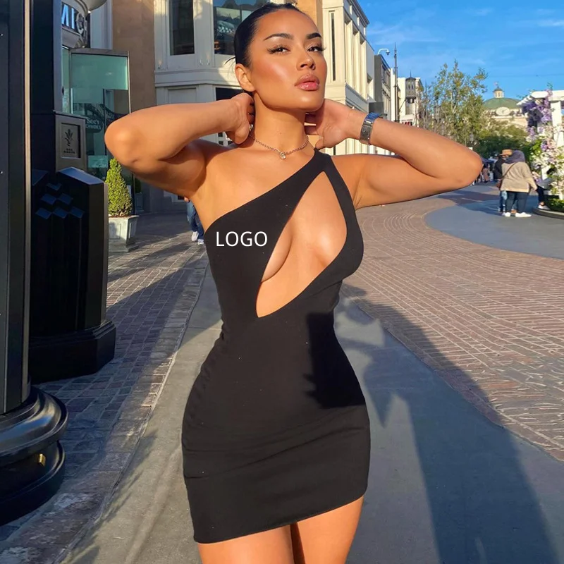 

Wholesale Popular Summer Sexy Fashion Cut Out Solid Color One Shoulder Dress Women Bodycon Mini Casual Dresses, Picture color