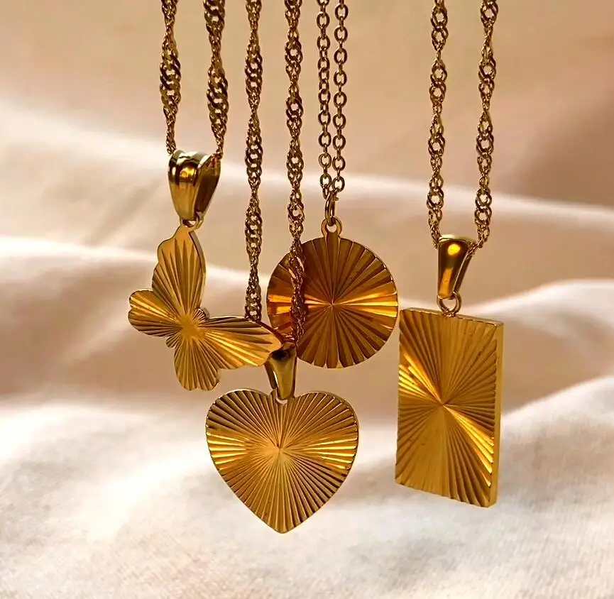 

Sunburst Signet Pendant Necklace For Women 18k Gold Plated Stainless Steel Heart Butterfly Sunlight Disc Coin Choker Neckalce, Siver,steel corol, gold, rose gold,customized