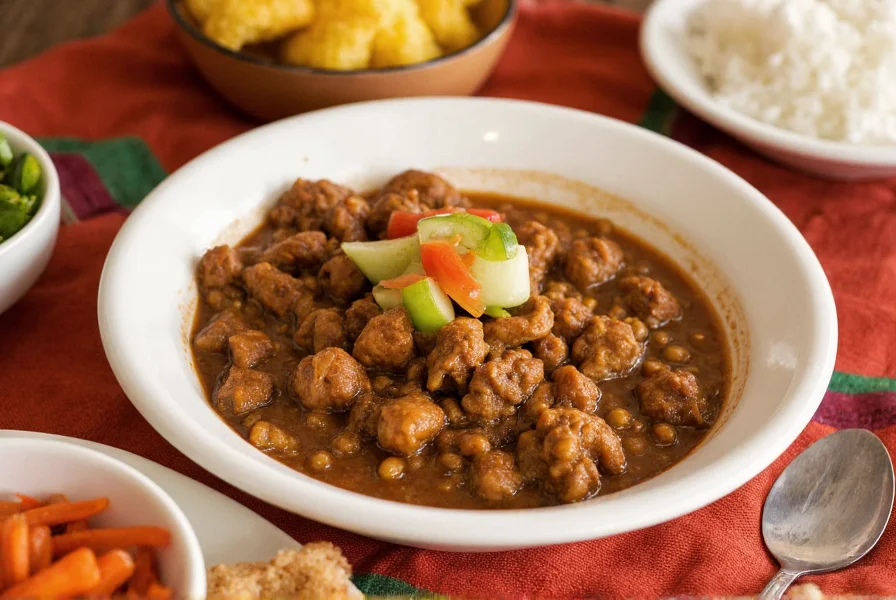 Serving presentation of pork and green chili recipe in traditional New Mexican style with garnishes and cornbread