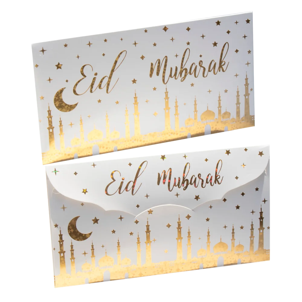 

10 pcs/set Glitter Moon Star Mosque Eid Cash Envelopes Umrah Eid Greeting Card Holder Gold Foiled Eid Mubarak Money Envelope