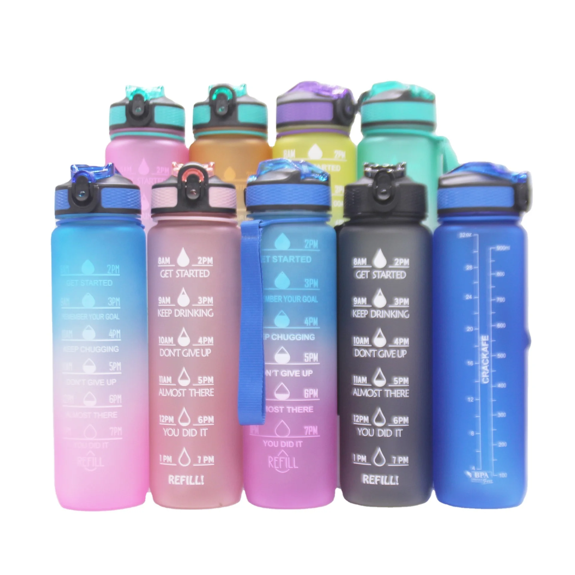 

Amazon color gradient plastic cup1000ml Sports bottle bounce cover frosted cup with straw water bottle with time scale