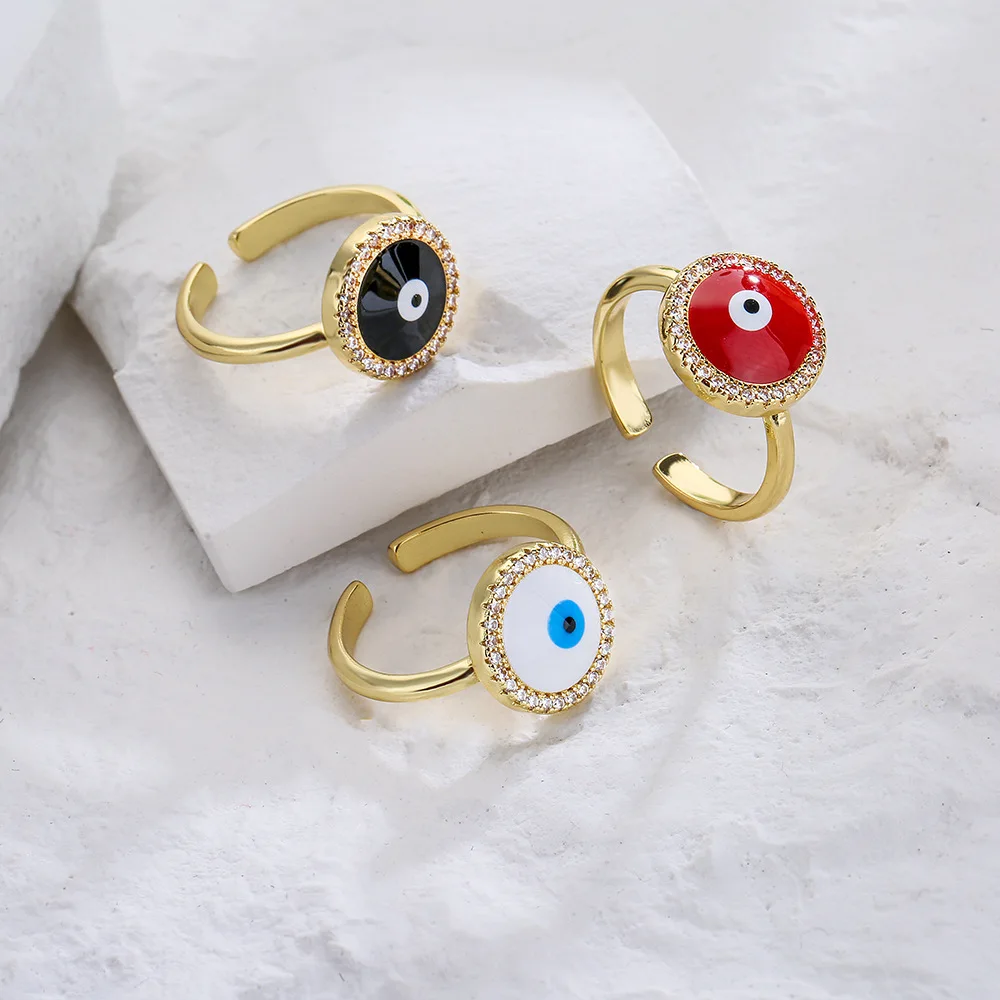 

2022 European and American copper plated 18K gold inlaid zircon drip oil eye opening adjustment ring enamel ring for women