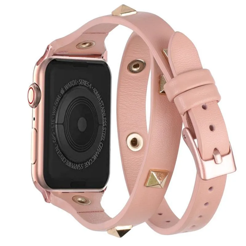 

Double Loop With Rivet Leather Watch Band fashion Watch Strap Compatible for Apple Watch, Black pink brown blue