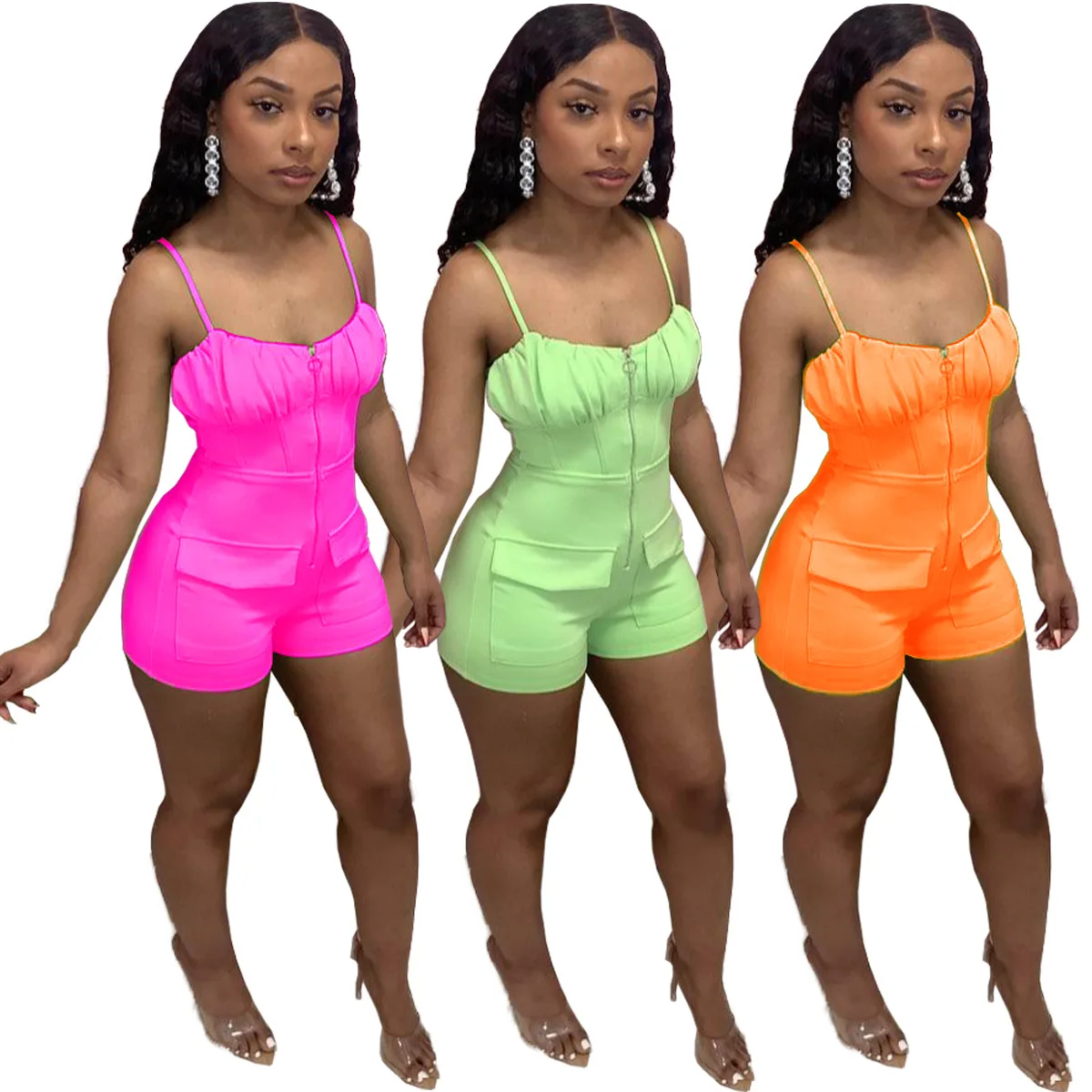 

Ladies Spaghetti One Piece Rompers Zipper Short Bodysuits 2021 Summer Women Cute Jumpsuit With 3D Pocket