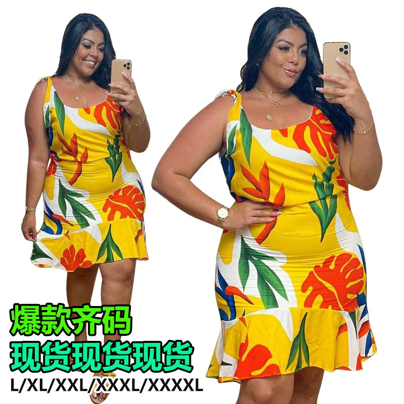

wholesale summer dresses plus size 4xl sleeveless floral casual dresses women summer wear, As picture