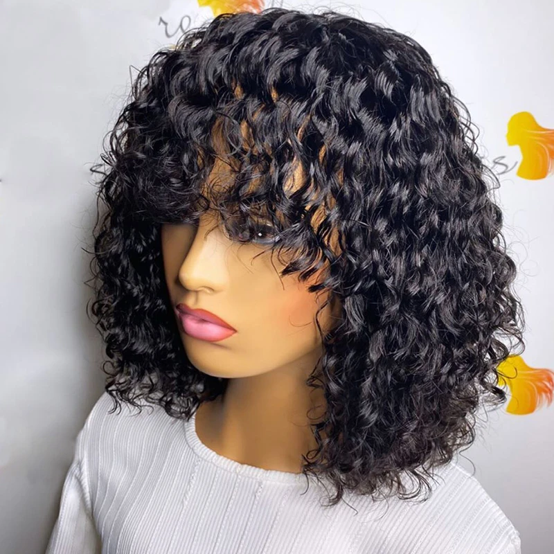 

Wholesale Vendors Water Wave Brazilian Virgin Hair Bob Wig With Bangs Full Machine Made Human Hair Wigs For Black Women