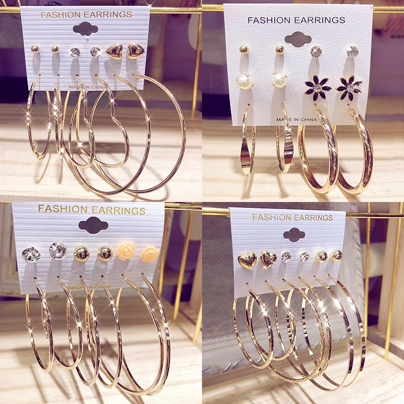 

Fashion Korean 6 Pairs Earrings Jewelry Alloy Hoop Drop Geometric Earrings Set Women