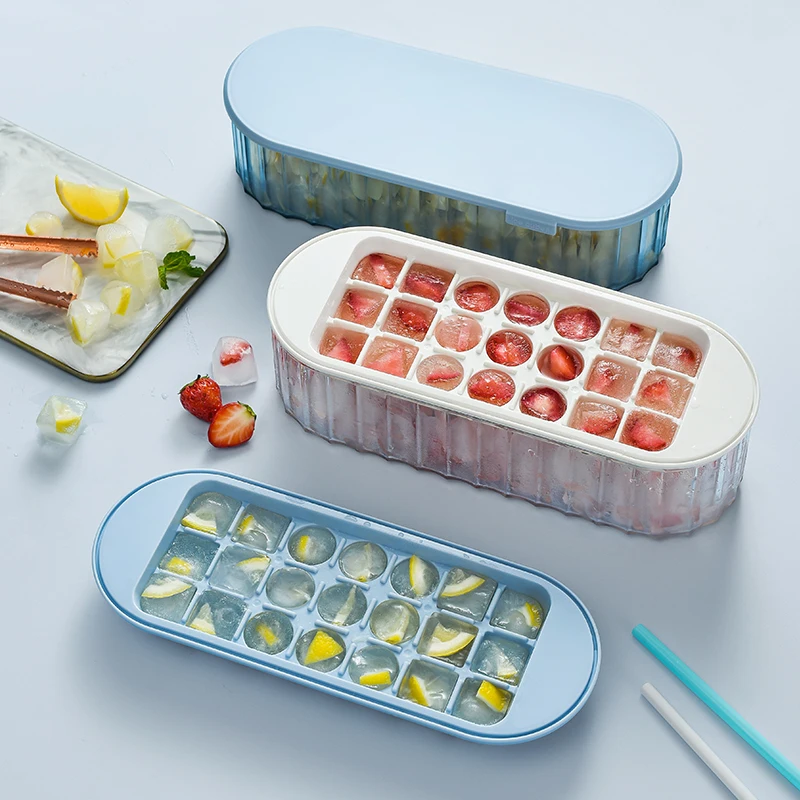 

Summer Amazon top seller 21 cavity PET ice cube tray mold, ice cream maker mold silicone ice tray box, White,blue,wine red,avocado green