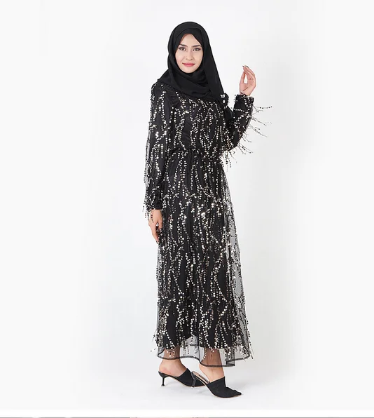 

Hot style fringe sequins embroidery muslim women long dress, Black,white,navy blue ,champagne