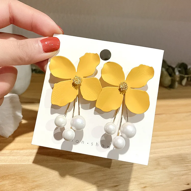 

new pearl yellow flower big fashion drop earrings women