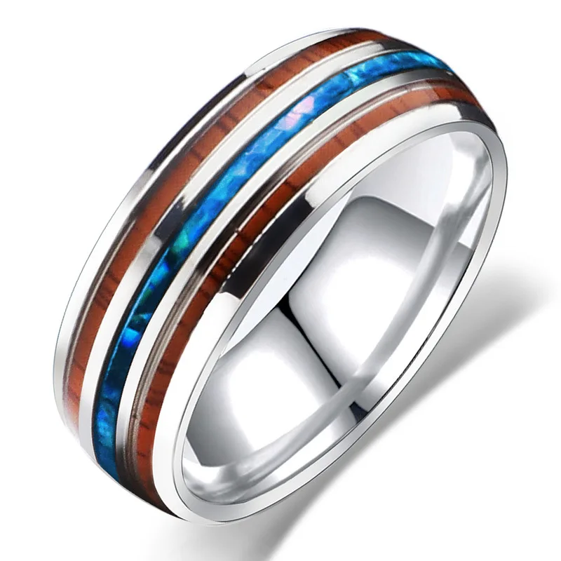 

Vintage Men's Stainless Steel Ring Wood Grain Shell Ring 8MM Titanium Steel Wood Grain Ring Jewelry