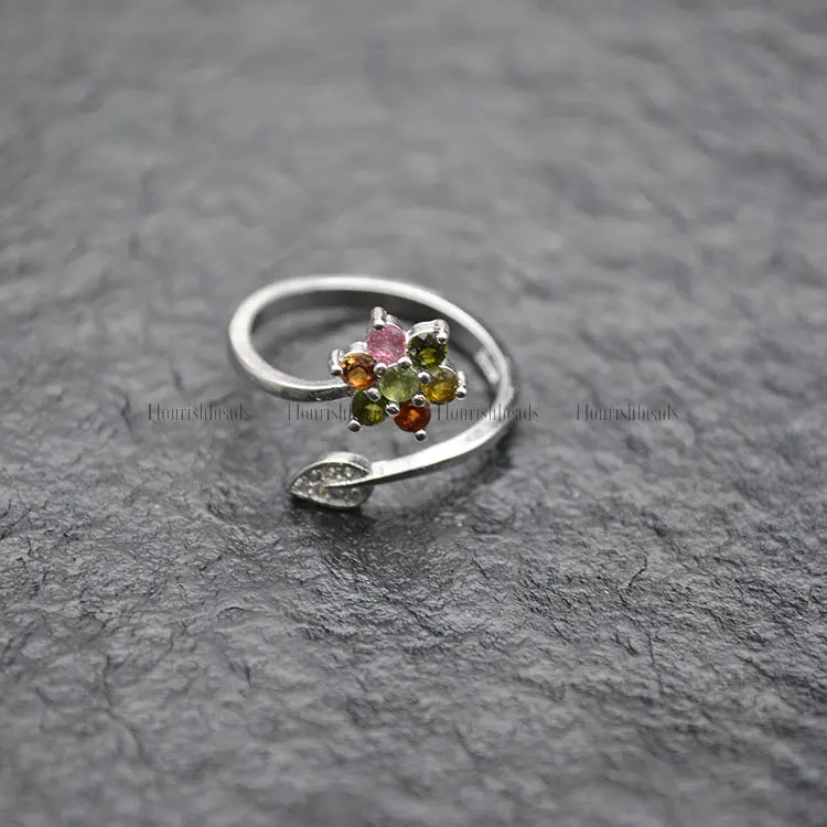 

Natural Tourmaline Gemstone Rings Paved Falower Shape Open Circle Band Rings Fashion Woman Jewelry