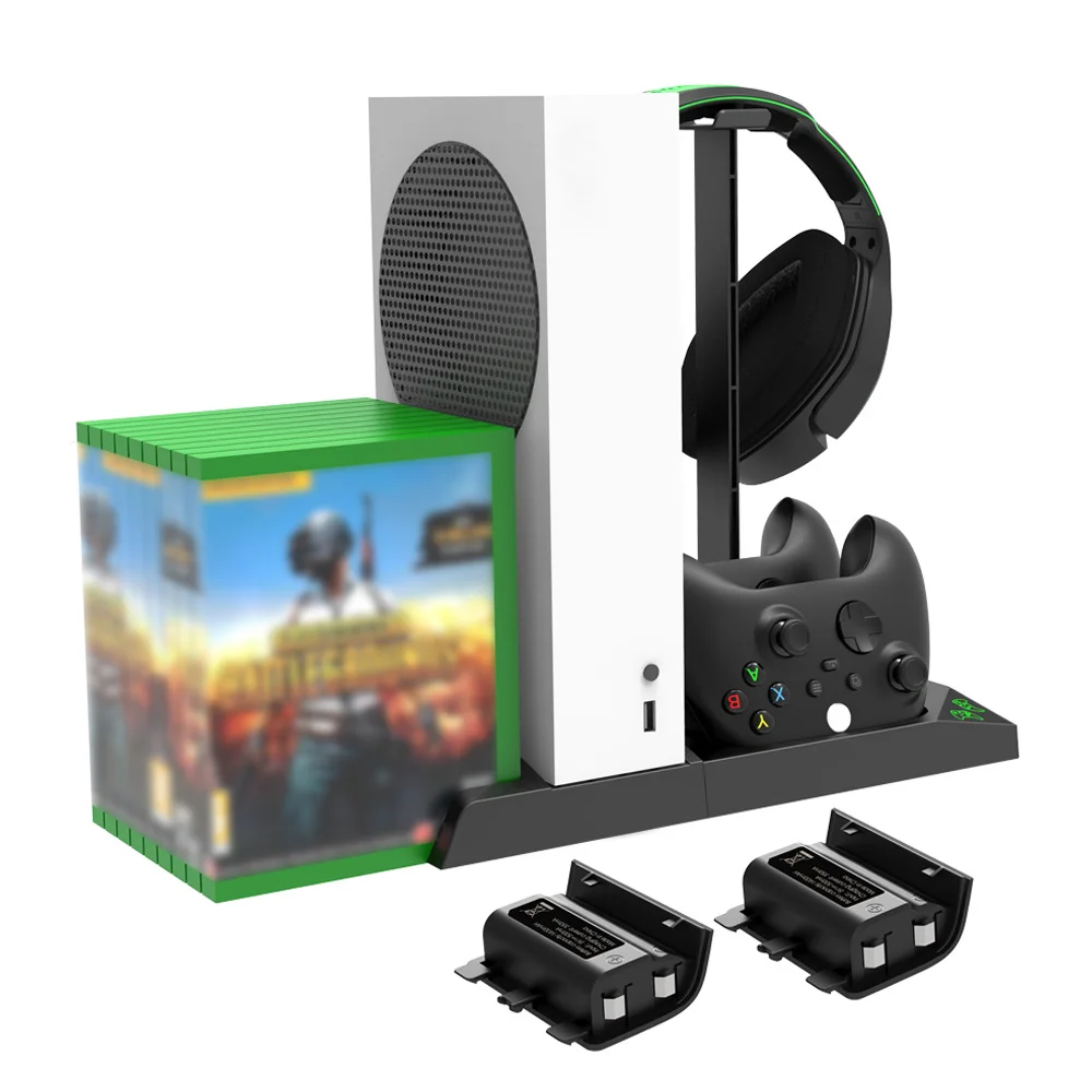 

Vertical Stand For Xboxes Series S Dual Controller Charging Dock Game Host Cooling Fan With Headset Holder and Two Batteries, Black