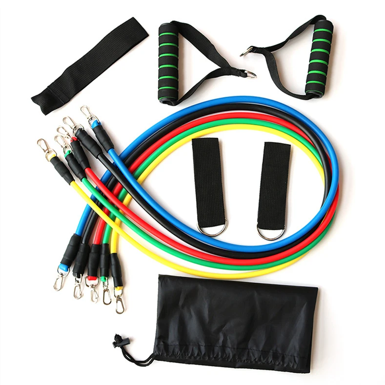 

Hot Sale Dropship 11pcs Latex Resistance Band Tube Set with ankle long resistance band, Yellow, green, red, blue, black