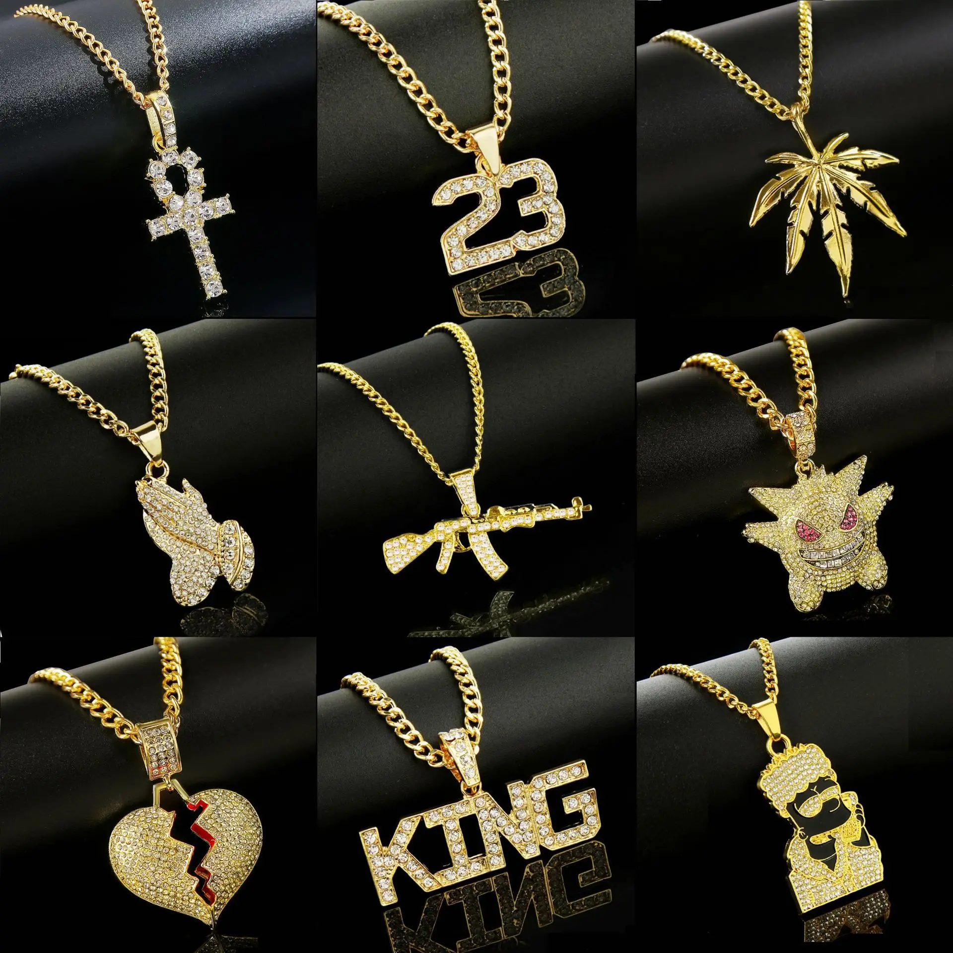 

Rock Punk Gold Plated Cuban Chain Woman Men Full Diamond Dollar Boss Queen Cross Gun Heart King Lion Hip Hop Necklace Jewelry