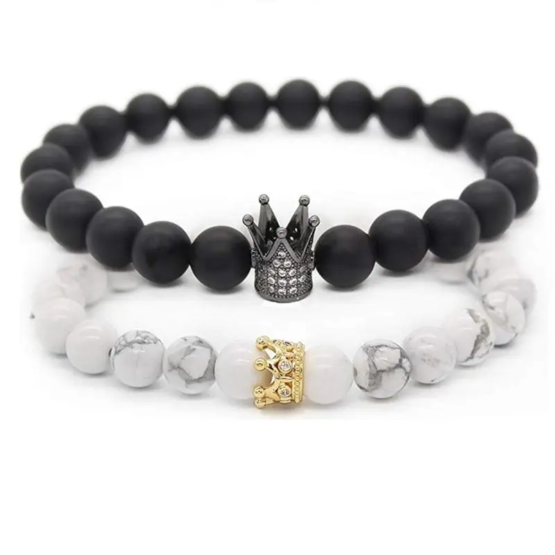 

2020 Fashion Jewelry Black Agate Lock Lava Howlite CZ Crystal Crown Queen 8mm Beads Elastic Couple Bracelet