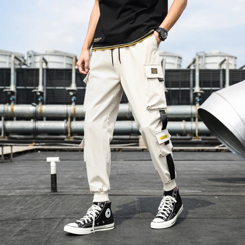 

Men's Side Pockets Cargo Harem Pants Ribbons Black Casual Male Joggers Trousers Fashion Casual Streetwear Pants J0361-1