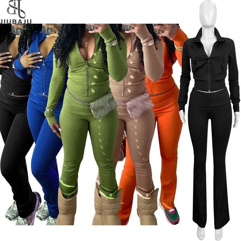Casual Sport Women Blank Zip up Tracksuits Long Sleeve Loungewear Flip Over Flare Two Piece Pant Set