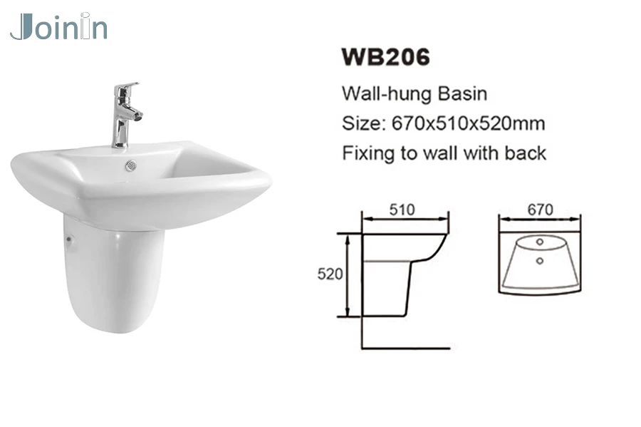 Luxury washing basins Ceramic bathroom lavabo semi hanging pedestal basin (WB206)