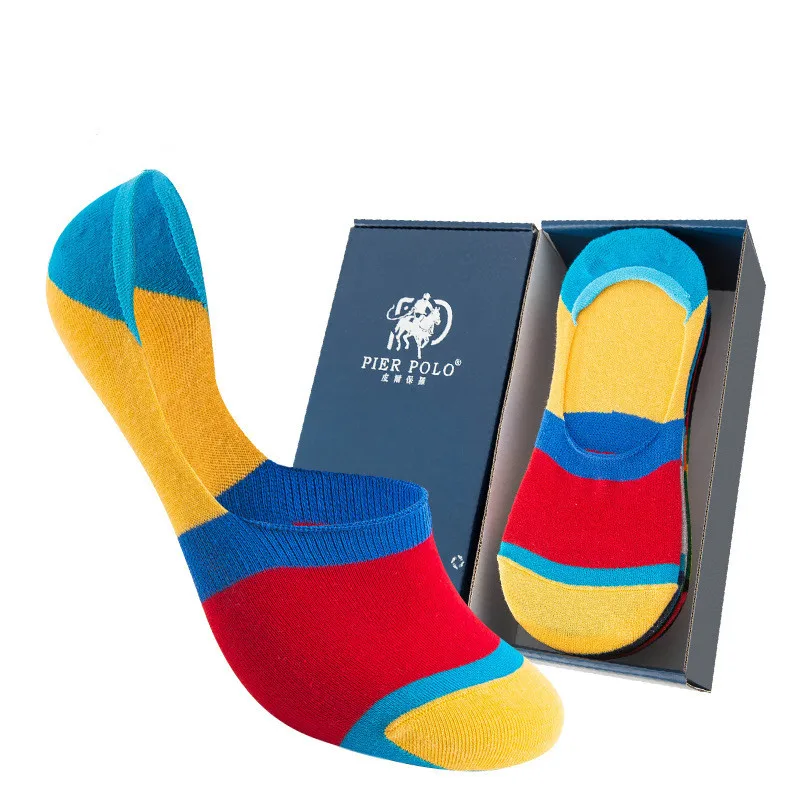 

Wholesale high quality combed cotton silicone anti-skid stripes men invisible socks with custom box, Custom color