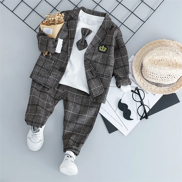 

Baby Boy Suit Set Formal Plaid Pattern Kids Jackets Coat and Pant 3 pcs Outfits Spring Autumn Children's Clothes Wholesale, Coffee, gray