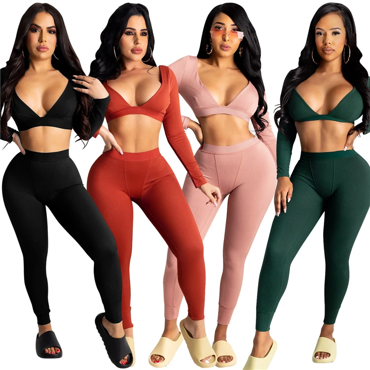 

C5021-spring 2021 v neck crop top womens leggings set 2 piece long sleeve set lounge wear