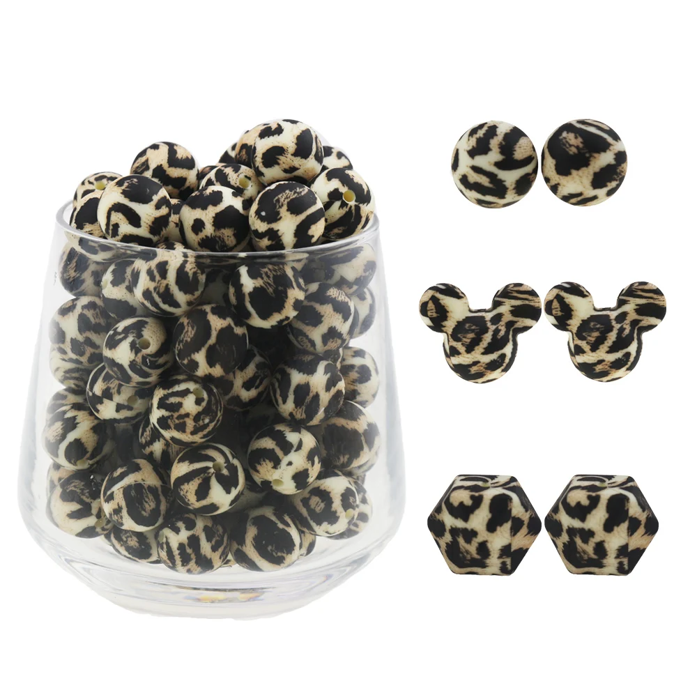 

BPA FREE wood baby silicon teething leopard print beads for jewelry making silicone letter beads, Sprint colors, customed