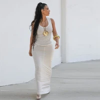 

8031 kim kardashian dress 2019 Fashion model wear maxi long cotton Robe sexy sleeveless white vestidos fitted maxi dress